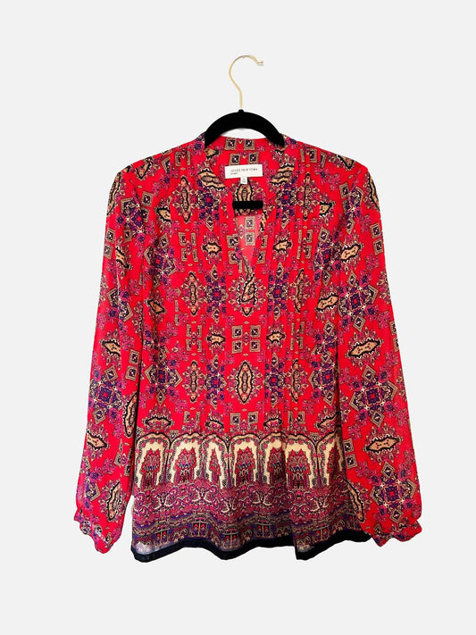 Pleated Front V-neck Tunic with Medalion Paisley Print